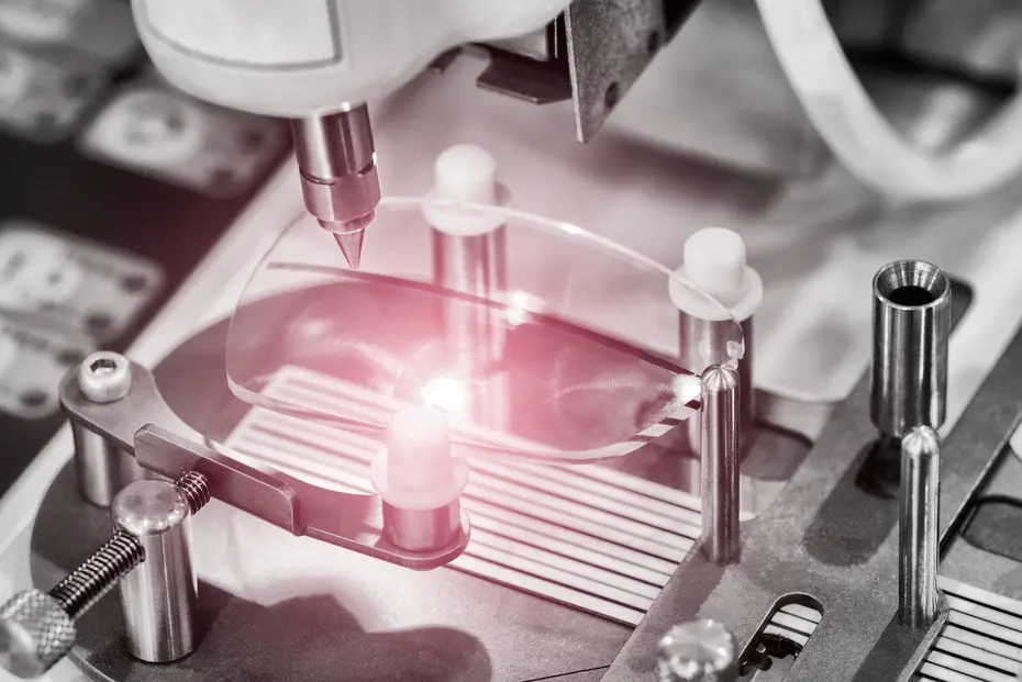 Dispensing head applying UV adhesive to a lens mount in a positioning fixture