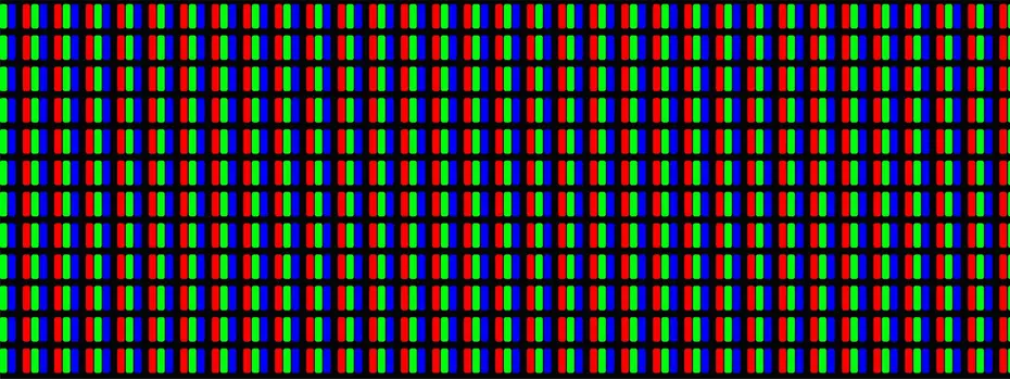 Makroaufnahme der roten, grünen und blauen Subpixel eines Displays in regelmäßiger Rasteranordnung