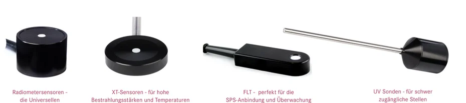 Vier Sensorbauformen nebeneinander: Radiometersensor, XT-Sensor für hohe Bestrahlungsstärken und Temperaturen, FLT für die SPS-Anbindung und UV-Sonde für schwer zugängliche Messstellen.