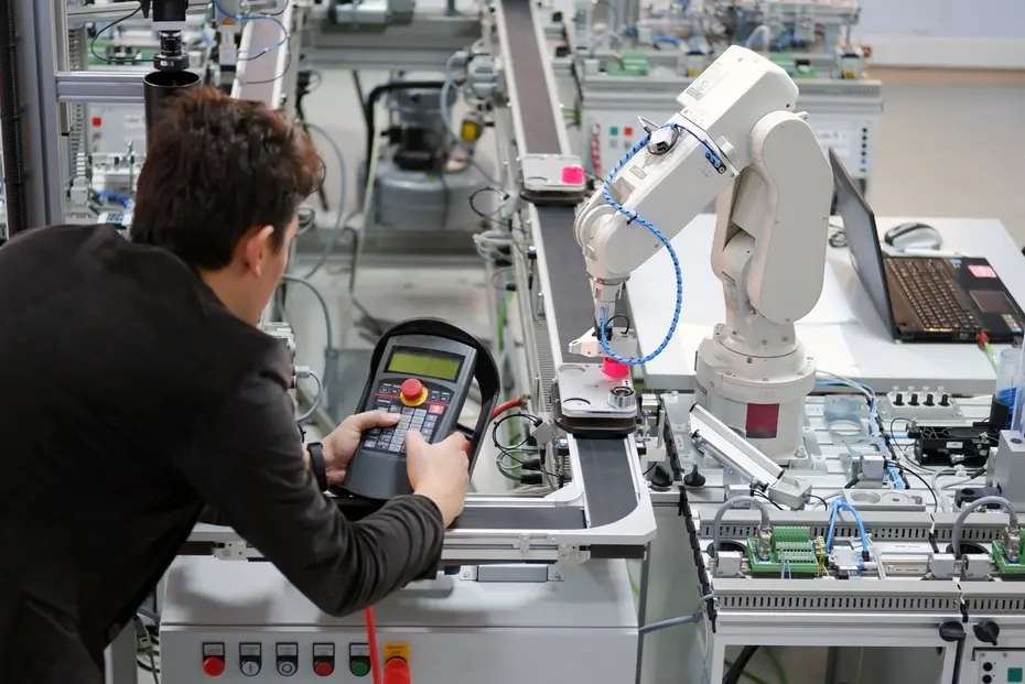 Techniker programmiert mit einem Handbediengerät einen Industrieroboter an einer automatisierten Fertigungslinie mit Förderband und Steuerungstechnik