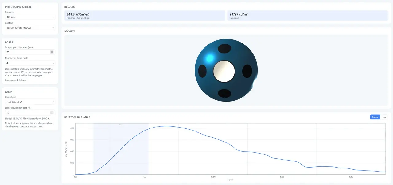 Integrating sphere simulation with input parameters, 3D model, and spectral radiance plot