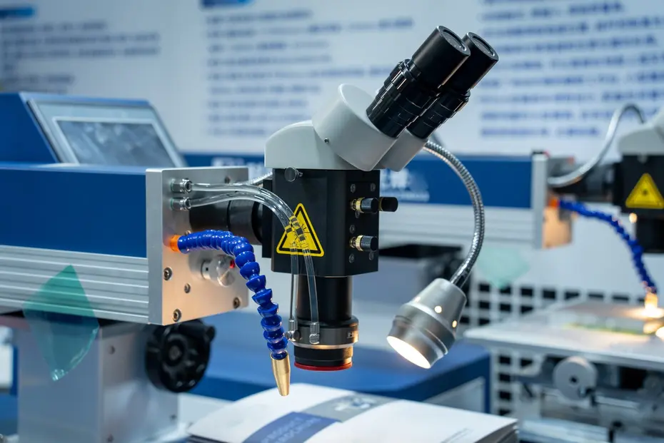 Laserbearbeitungskopf mit Fokussieroptik, Kühldüse und Beobachtungsmikroskop über einem Werkstück