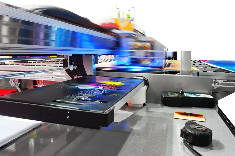 UV-Flachbettdrucker mit blau leuchtendem UV-Lampenkopf über frisch bedruckten, farbigen Testfeldern