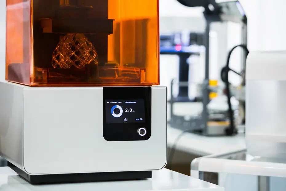 Stereolithographie-3D-Drucker im Betrieb: gitterförmiges Bauteil unter der orangefarbenen UV-Schutzhaube