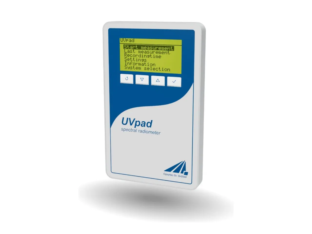 Interactive 3D model of the spectral UV radiometer UVpad with the display switched on, showing the measurement menu.