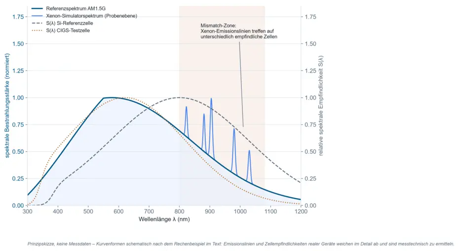 Prinzipskizze: AM1.5G-Referenzspektrum gegen ein Xenon-Simulatorspektrum mit Emissionslinien oberhalb 800 nm, überlagert mit den spektralen Empfindlichkeitskurven einer Silizium-Referenzzelle und einer CIGS-Testzelle