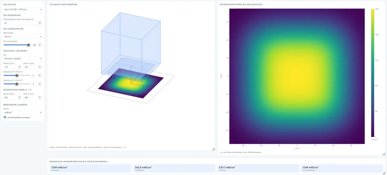 Benutzeroberfläche der Opsytec UV-LED-Simulation mit Eingabeparametern, 3D-Ansicht des LED-Moduls und Heatmap der Bestrahlungsstärke auf der Zielfläche.