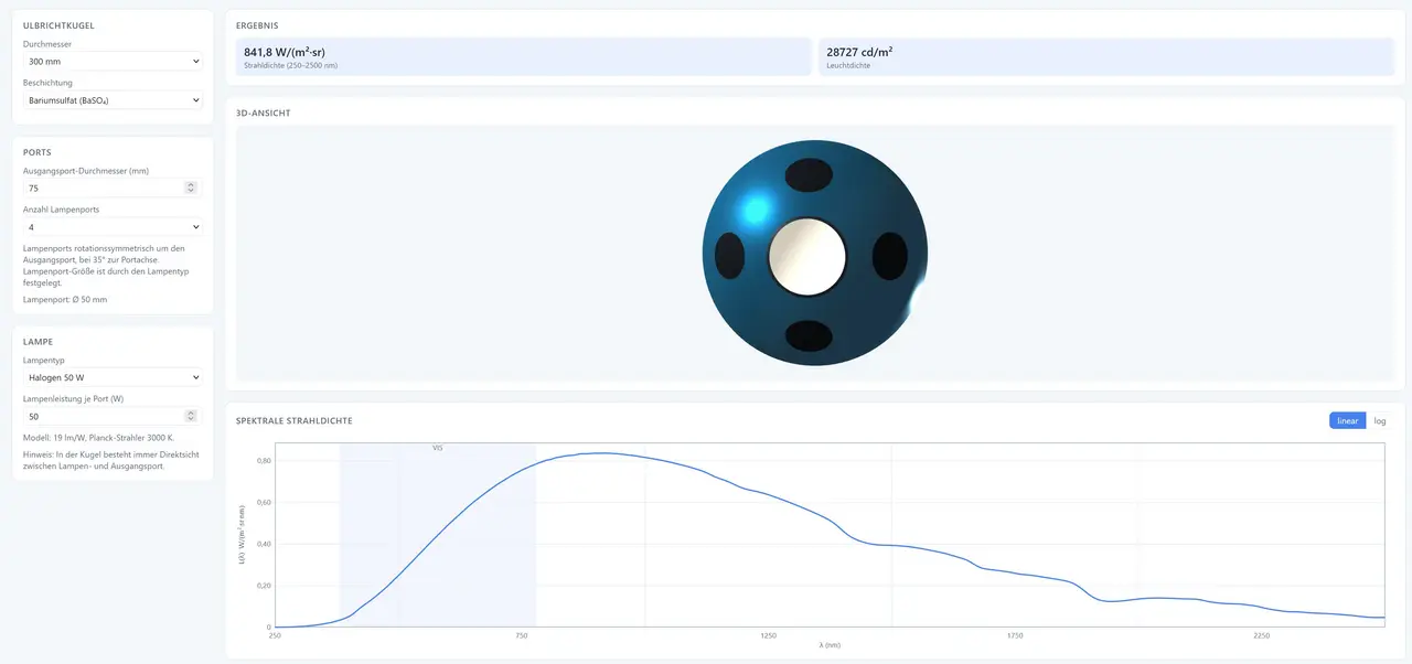 Ulbrichtkugel-Simulation mit Eingabeparametern, 3D-Modell und Diagramm der spektralen Strahldichte